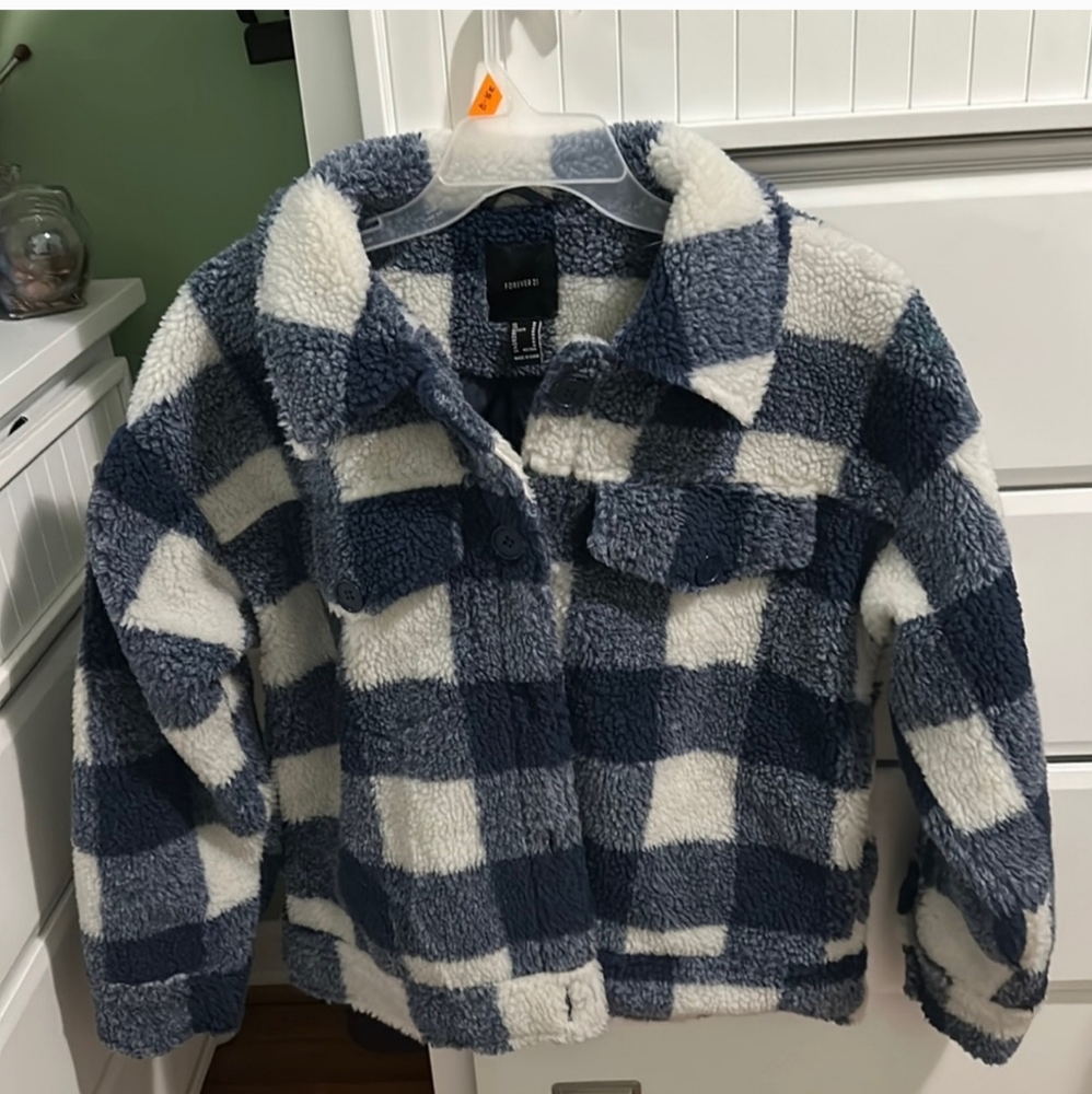Blue and White Checkered Plaid Sherpa Coat
